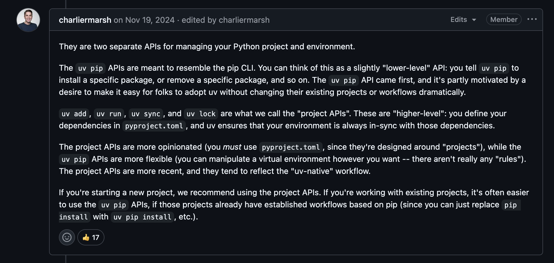 uv github issue 9219 comment by Charlie Marsh /images/uv-add-vs-pip-install-gh-issue.png